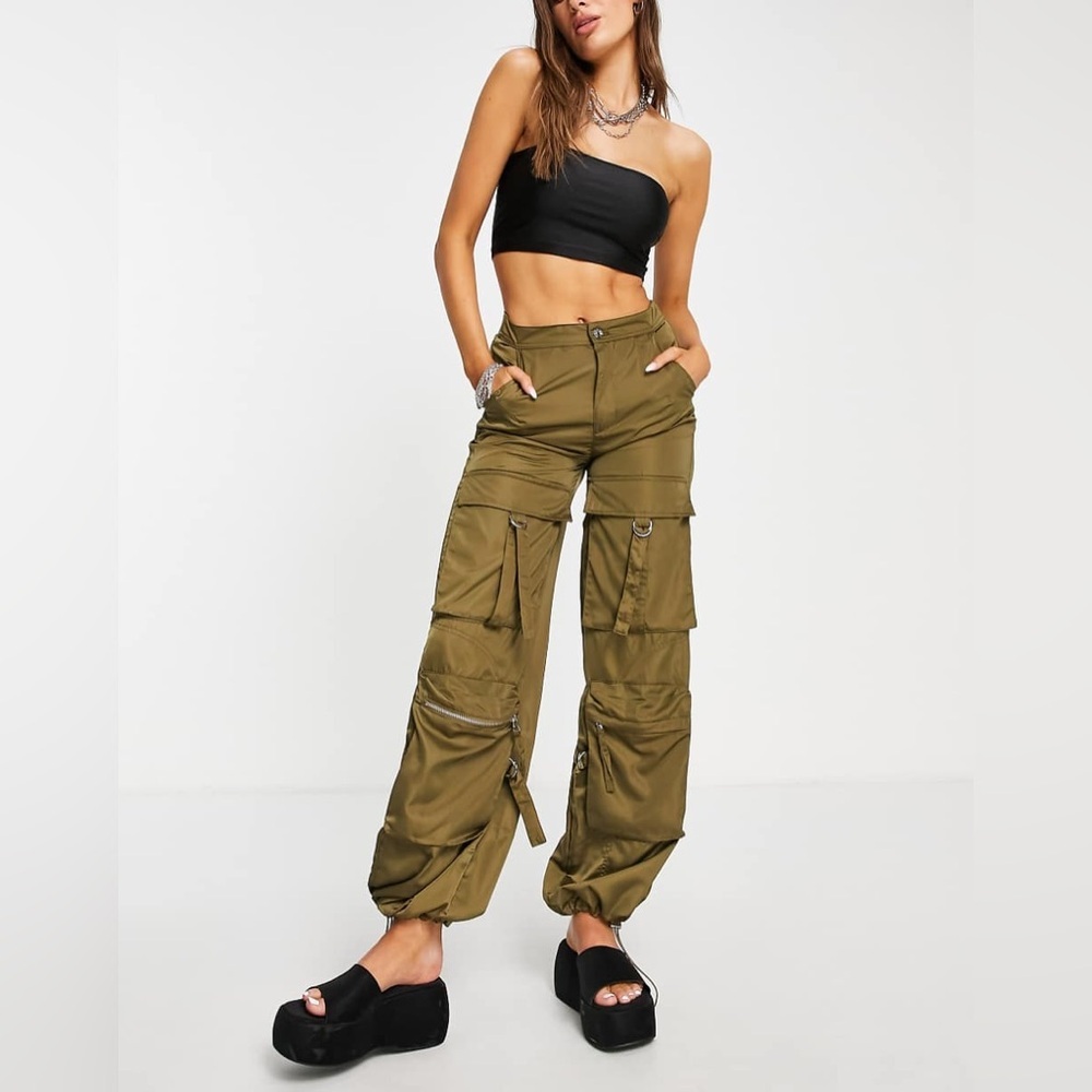 BERSHKA Army Green Satin Cargo Jogger Pant Size Small